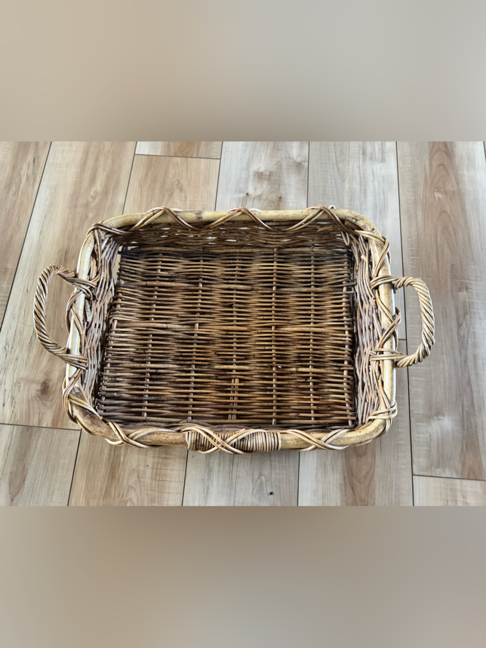 Mid-20th Century Vintage Rectangular Wicker Serving Tray with Loop Handle